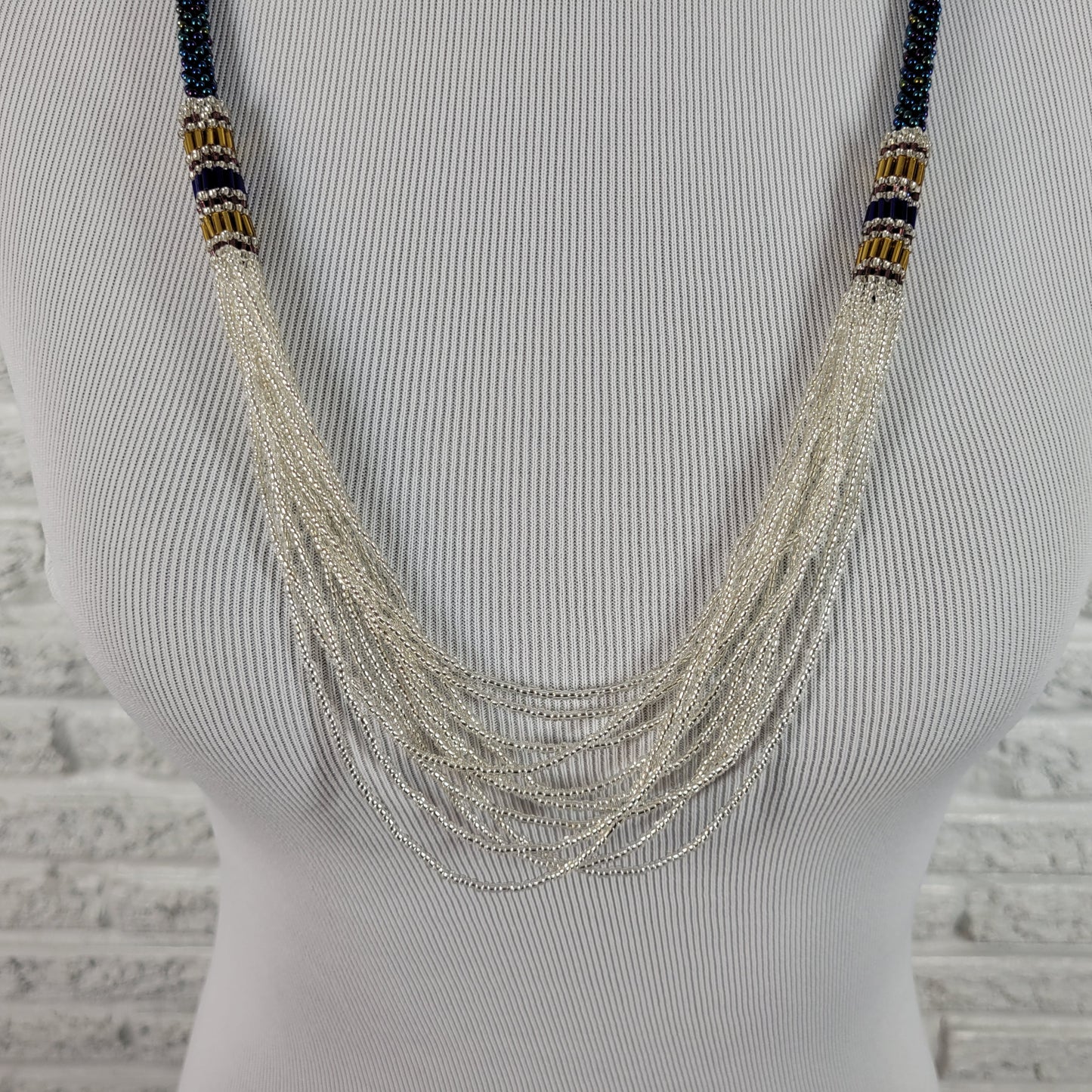Nepali Seed Bead Rope Necklace Blue Multi Strand Crochet Boho Waterfall N9E