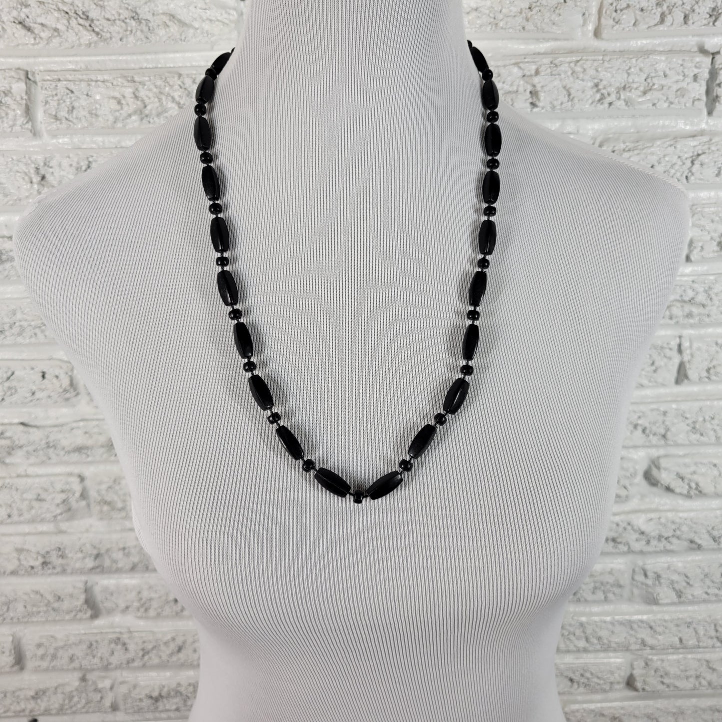 Black Matte Bead Necklace 24" Long Graduated Boho Statement Strand N5E