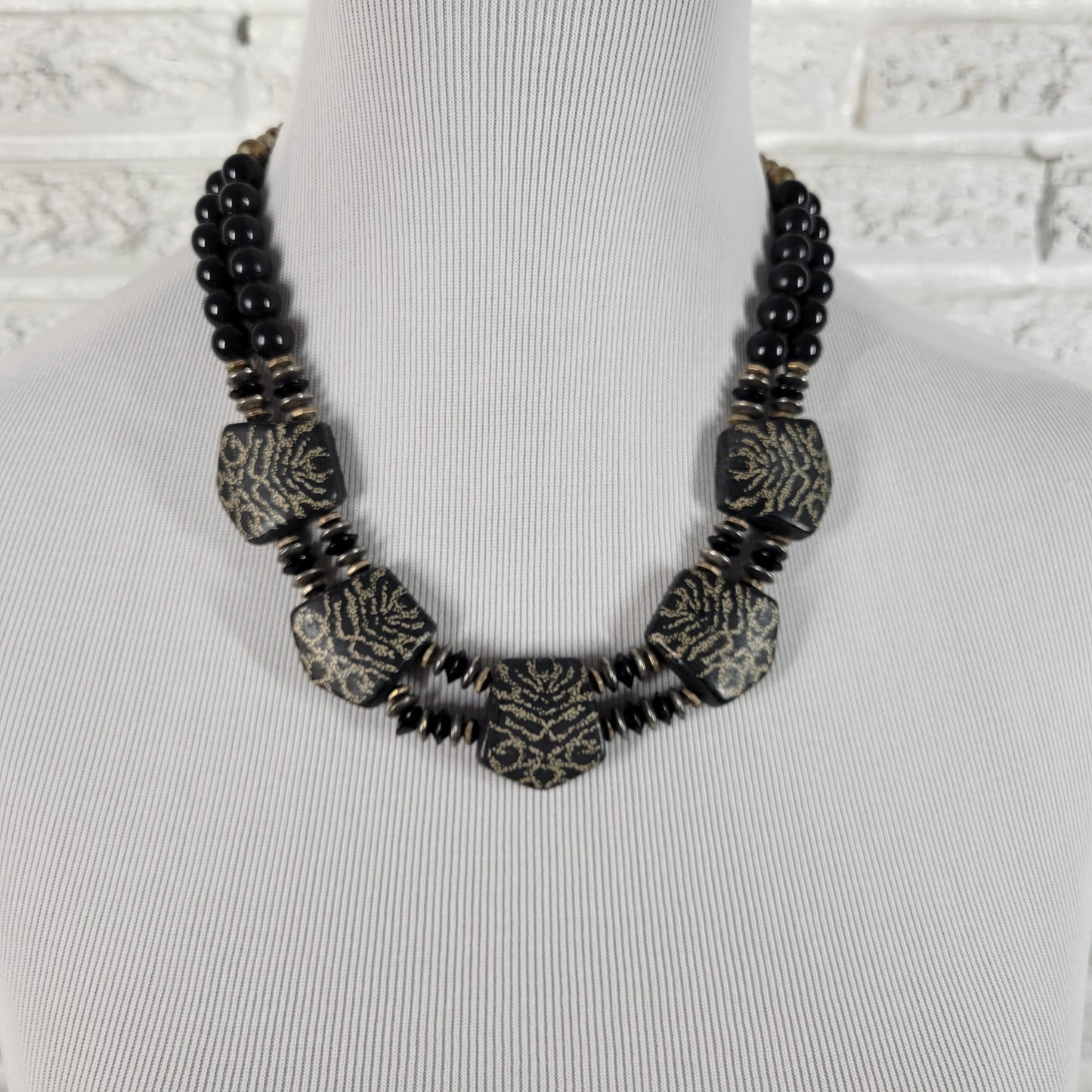 Designs by Taylor Double Strand Statement Necklace Black Gold Geometric N2E