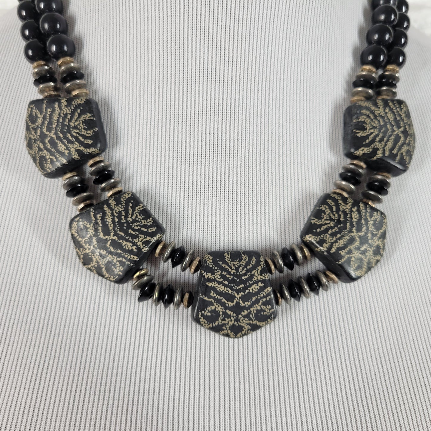 Designs by Taylor Double Strand Statement Necklace Black Gold Geometric N2E