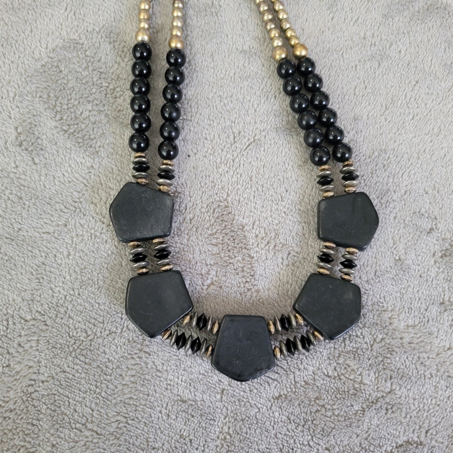 Designs by Taylor Double Strand Statement Necklace Black Gold Geometric N2E