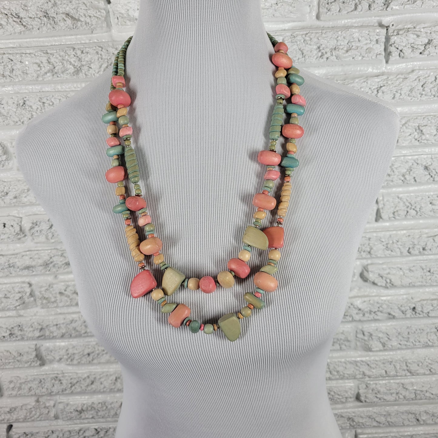 Multi-Strand Boho Wood Bead Necklace Pastel Pink Teal Chunky Statement N8E