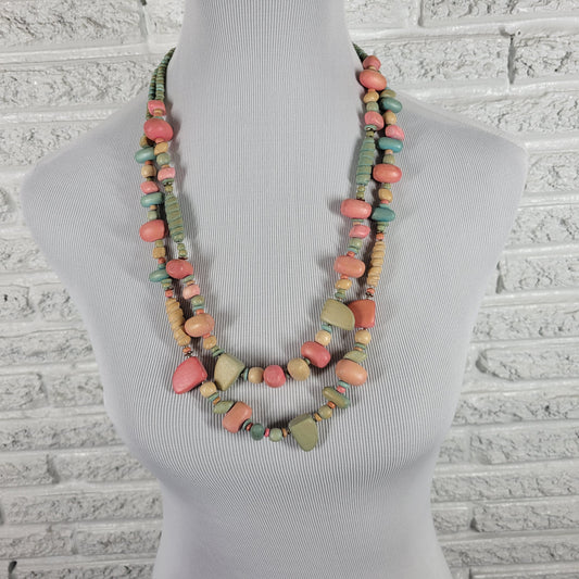 Multi-Strand Boho Wood Bead Necklace Pastel Pink Teal Chunky Statement N8E