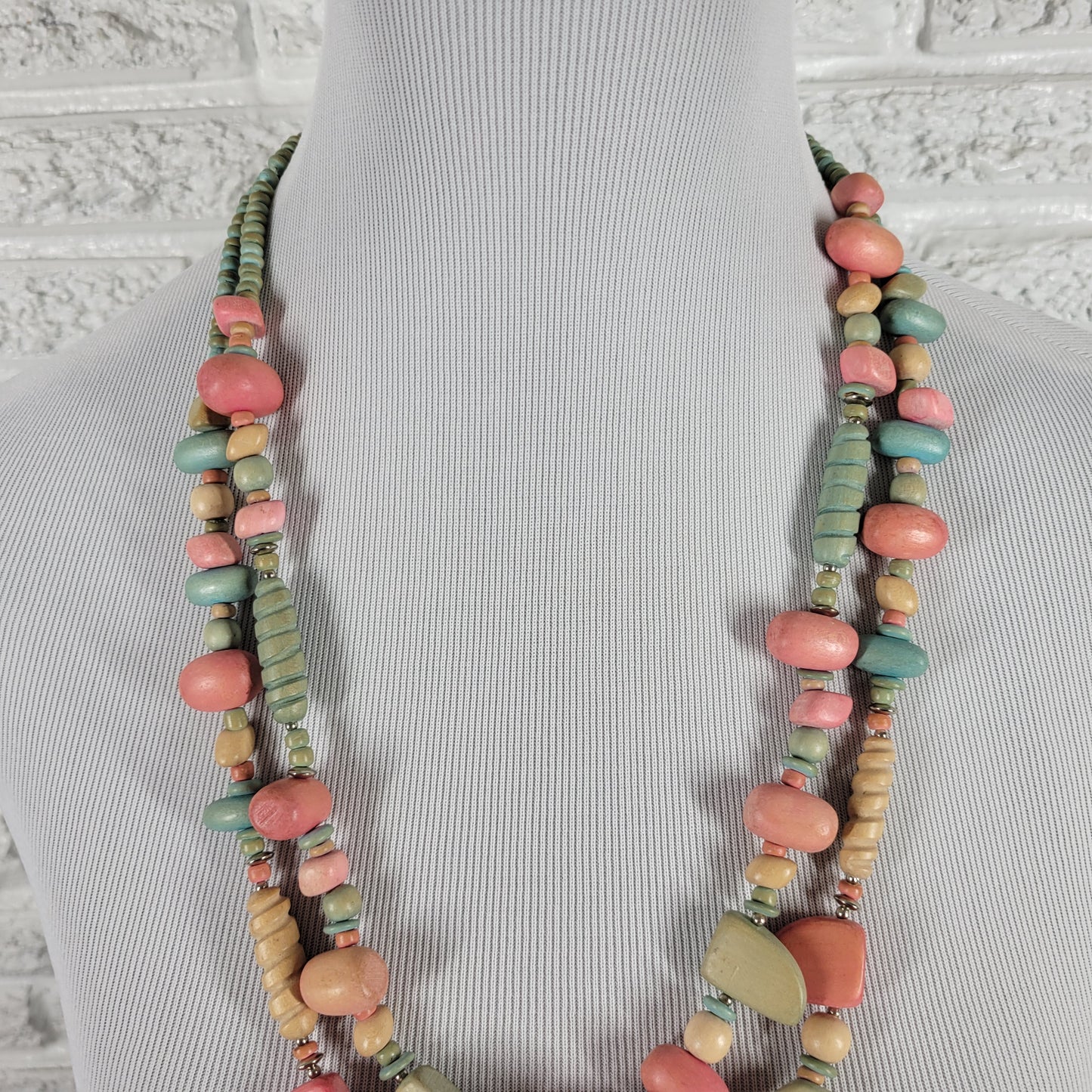 Multi-Strand Boho Wood Bead Necklace Pastel Pink Teal Chunky Statement N8E