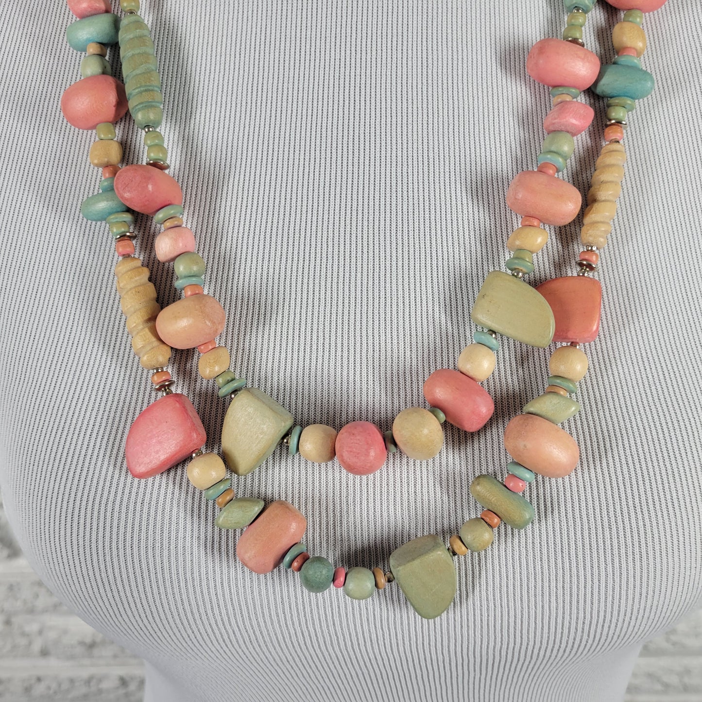 Multi-Strand Boho Wood Bead Necklace Pastel Pink Teal Chunky Statement N8E