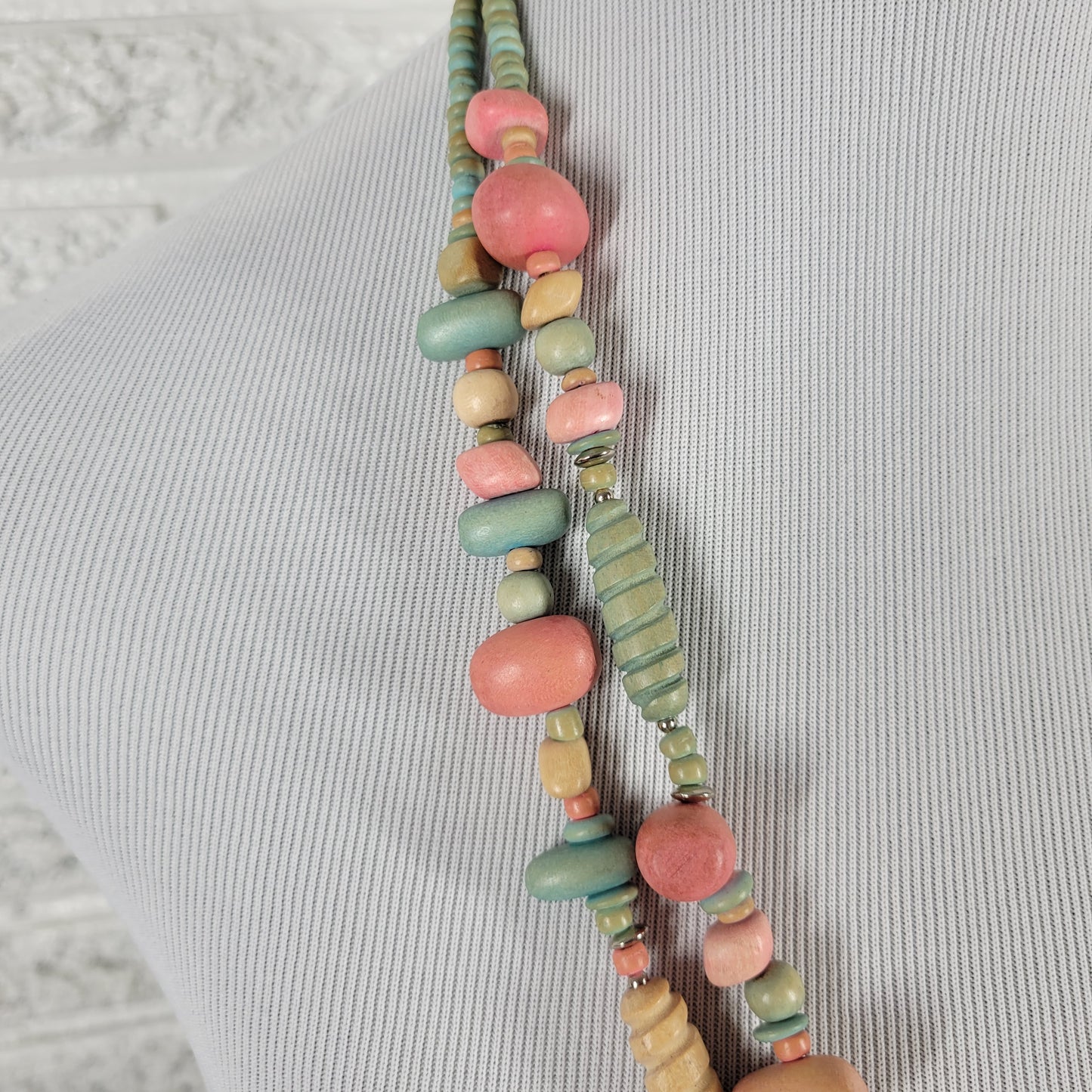 Multi-Strand Boho Wood Bead Necklace Pastel Pink Teal Chunky Statement N8E