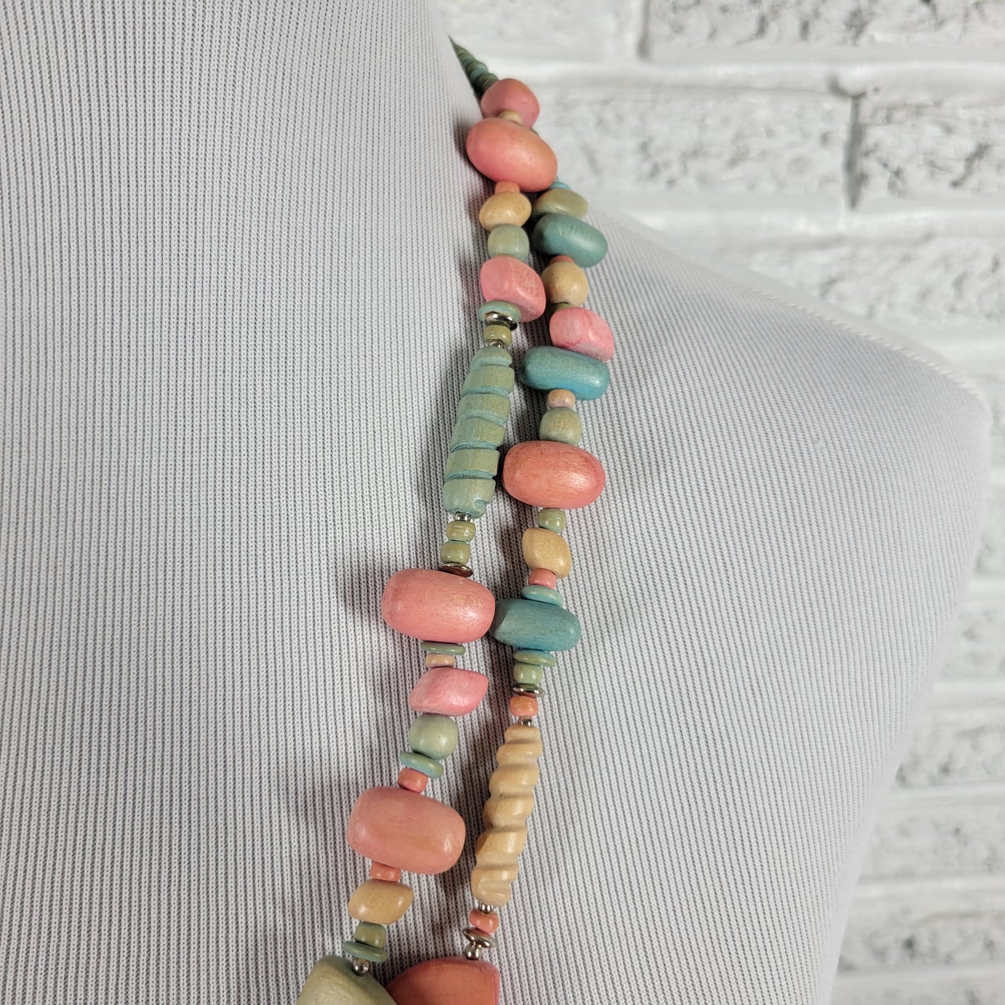Multi-Strand Boho Wood Bead Necklace Pastel Pink Teal Chunky Statement N8E
