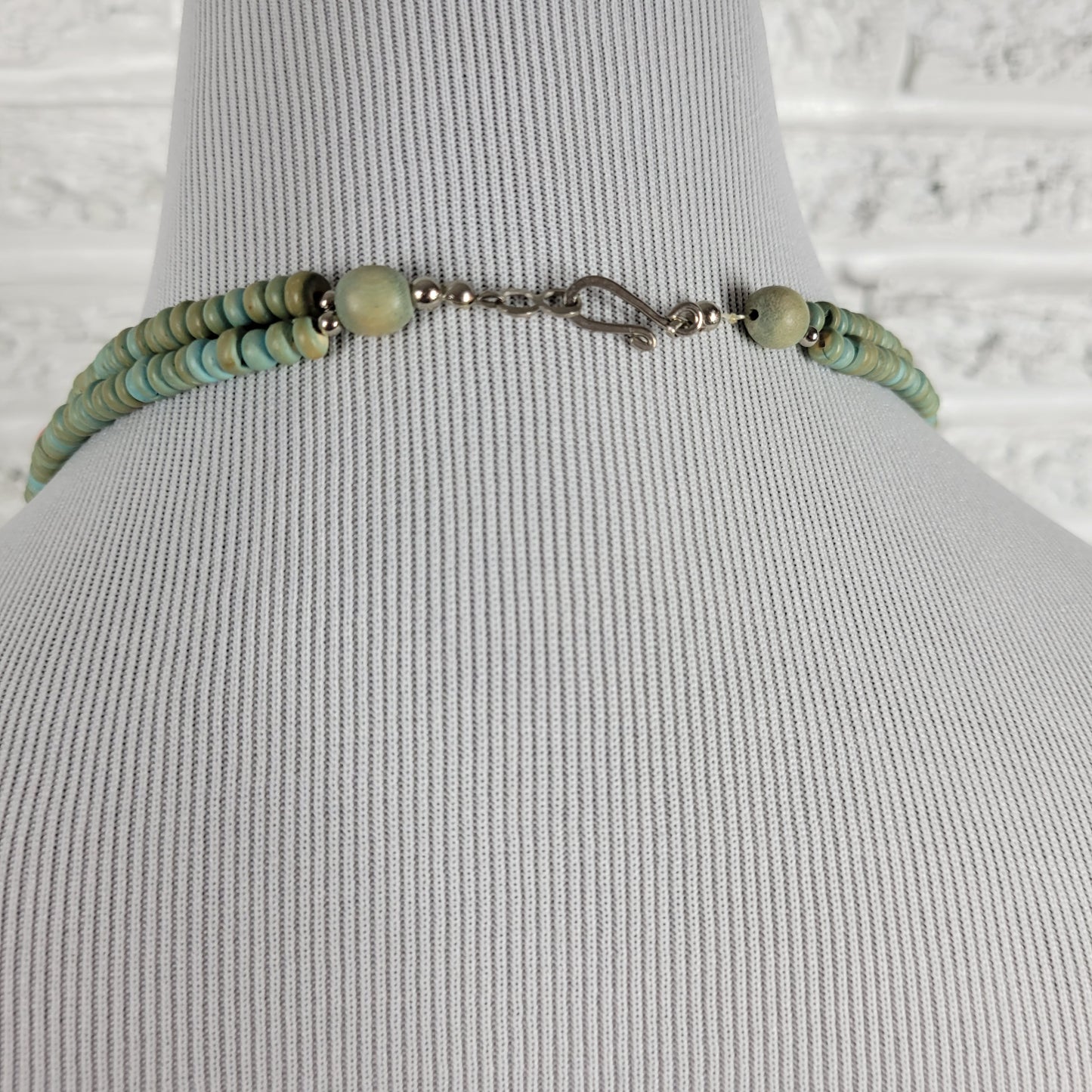 Multi-Strand Boho Wood Bead Necklace Pastel Pink Teal Chunky Statement N8E