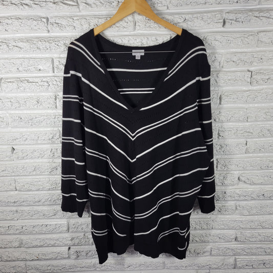 Avenue Women 26-28 Sweater Black Eyelet V-Neck 3/4 Sleeve Knit Stretch BLA65E