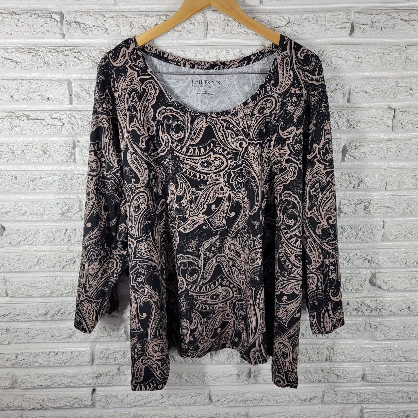 Catherines 4X Suprema Top Black Gray Paisley 3/4 Sleeve Cotton Blend PAI55E