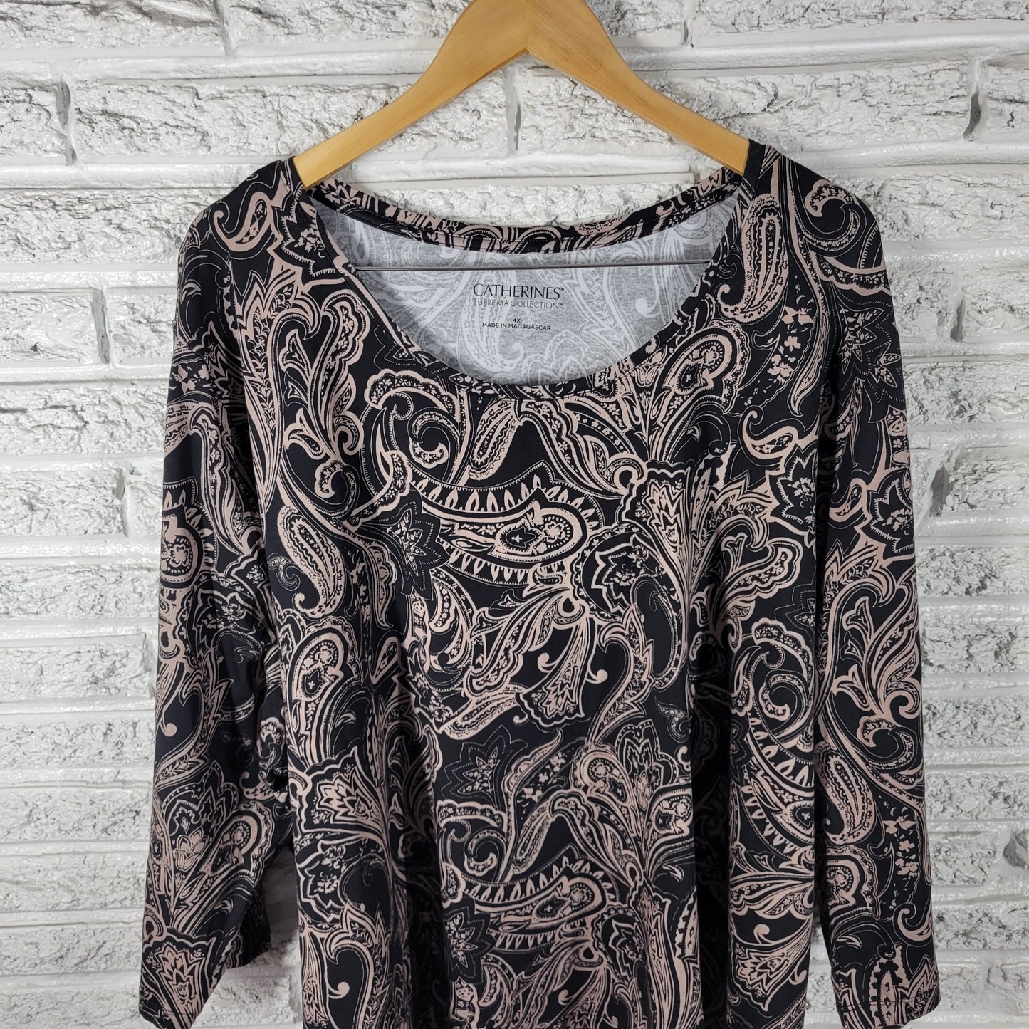 Catherines 4X Suprema Top Black Gray Paisley 3/4 Sleeve Cotton Blend PAI55E