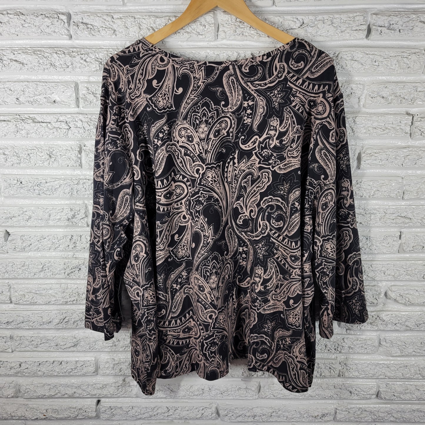 Catherines 4X Suprema Top Black Gray Paisley 3/4 Sleeve Cotton Blend PAI55E
