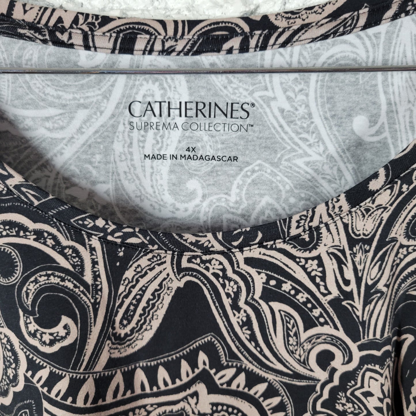 Catherines 4X Suprema Top Black Gray Paisley 3/4 Sleeve Cotton Blend PAI55E