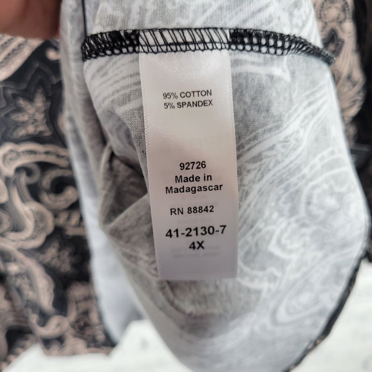 Catherines 4X Suprema Top Black Gray Paisley 3/4 Sleeve Cotton Blend PAI55E