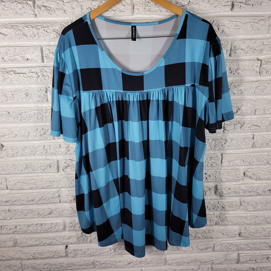 Allegrace Women 3X Tunic Top Blue Black Geometric Pleated Stretch GEO269E