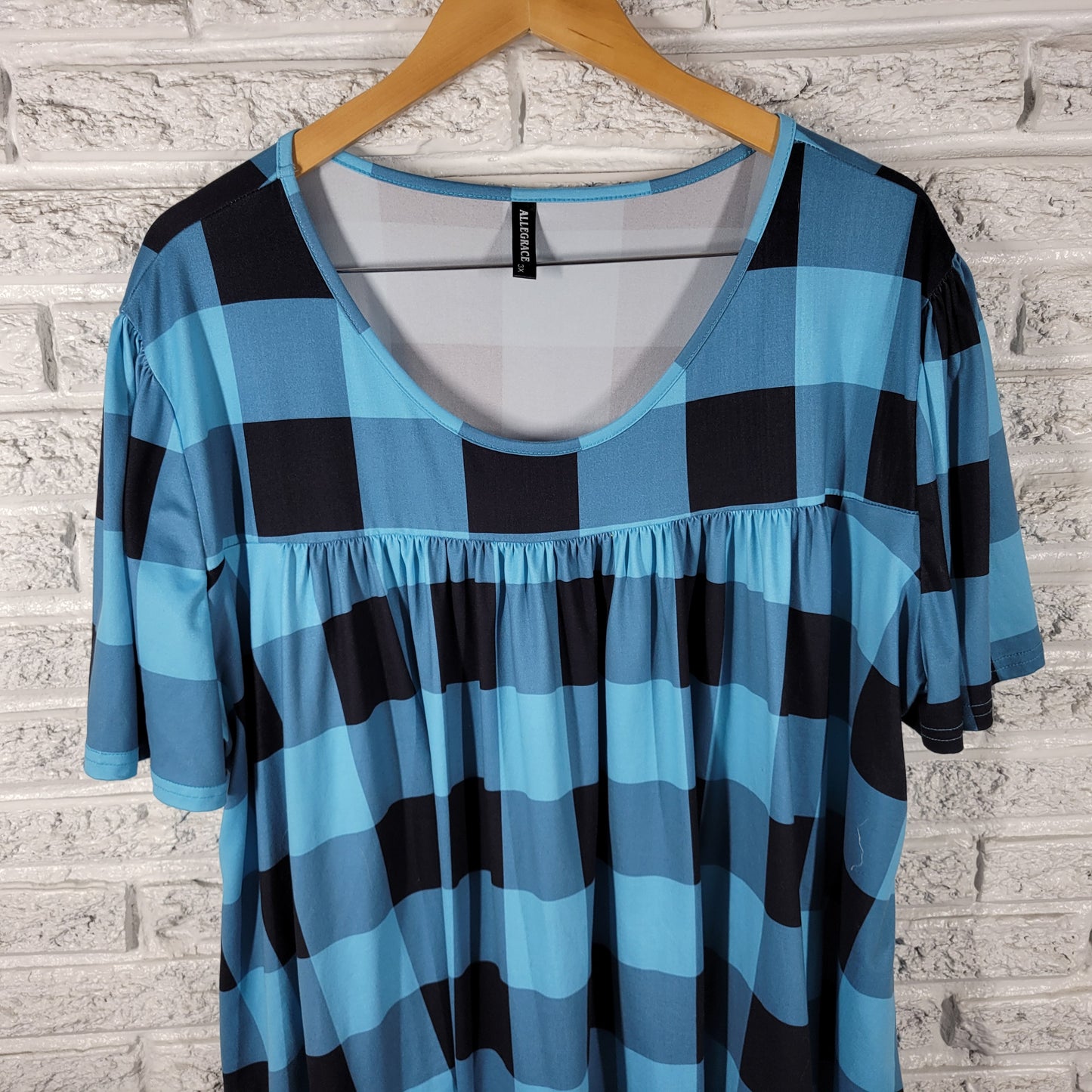 Allegrace Women 3X Tunic Top Blue Black Geometric Pleated Stretch GEO269E