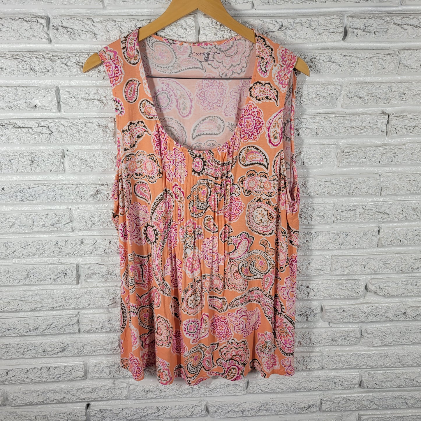 Croft & Barrow Women's XXL Tank Top Orange Pink Paisley Pintuck PAI17E
