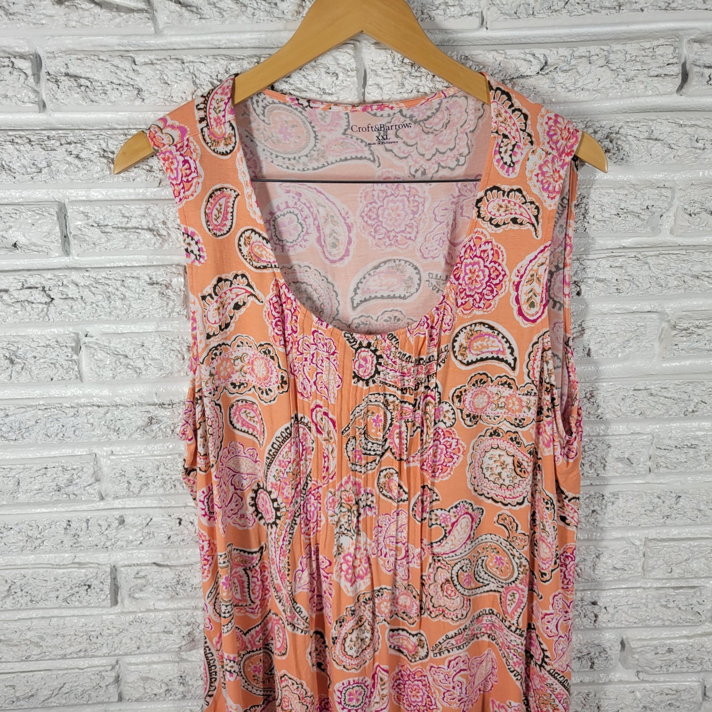 Croft & Barrow Women's XXL Tank Top Orange Pink Paisley Pintuck PAI17E