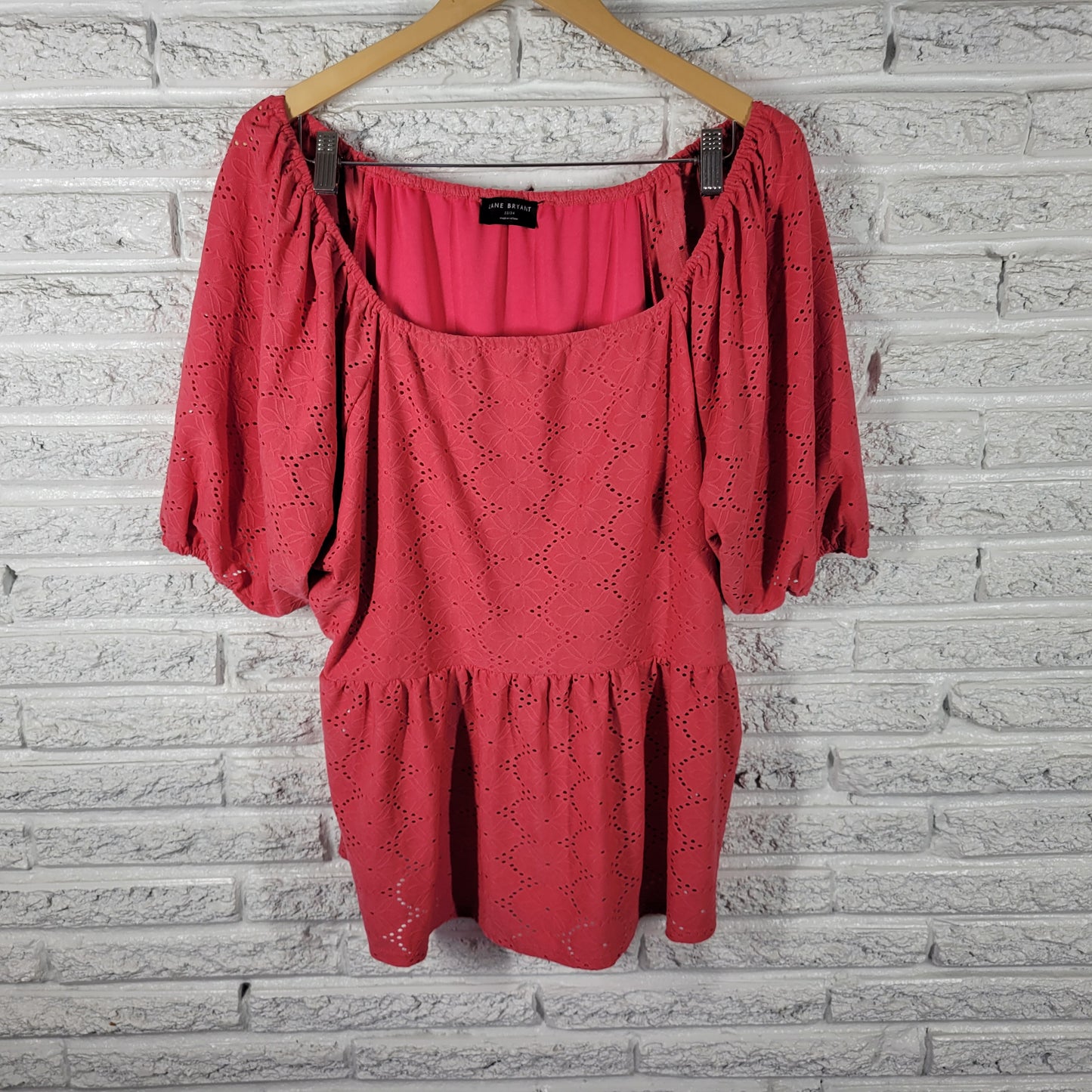 Lane Bryant Pink Peasant Top 22/24 Plus Size Off Shoulder Puff Sleeve PIN17E