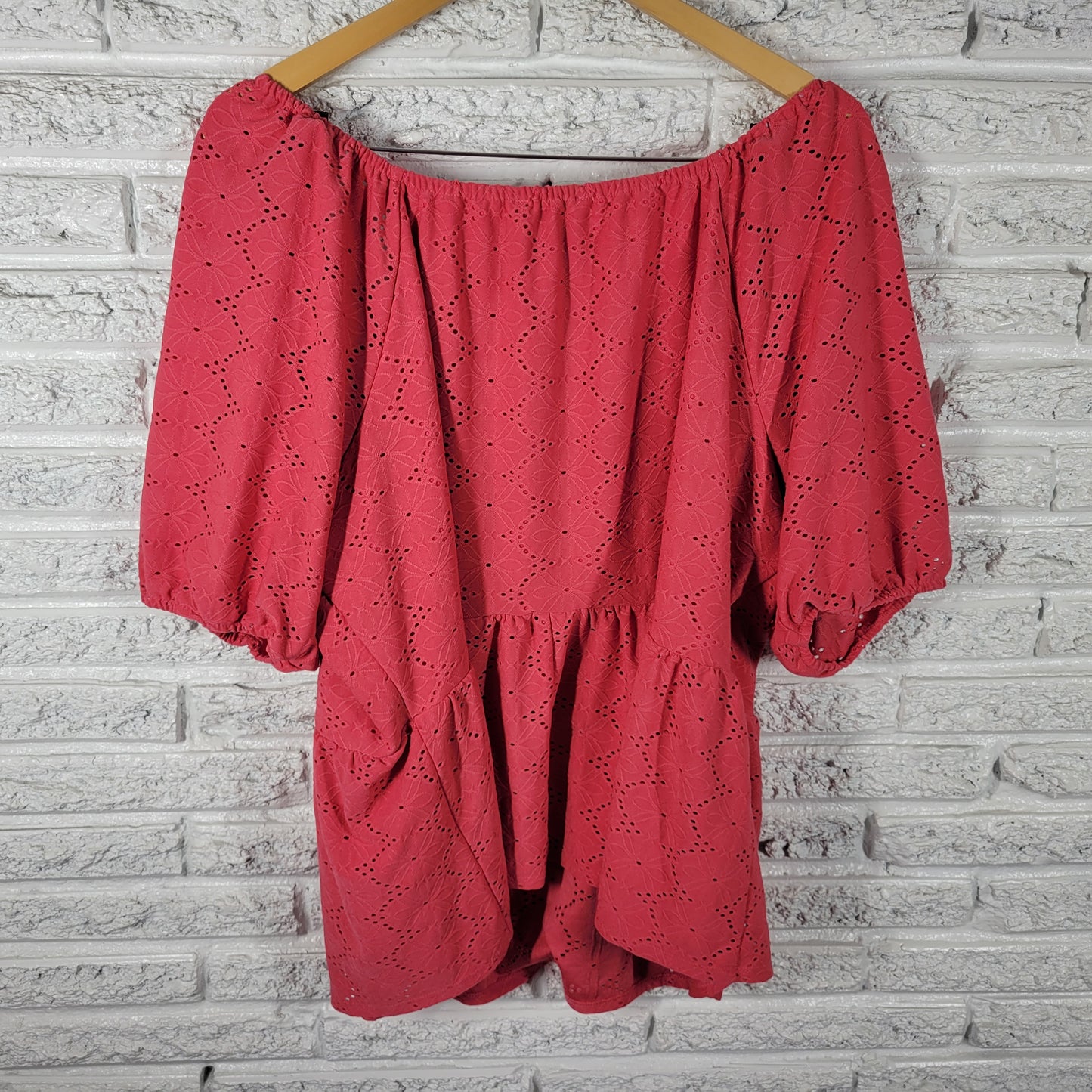 Lane Bryant Pink Peasant Top 22/24 Plus Size Off Shoulder Puff Sleeve PIN17E