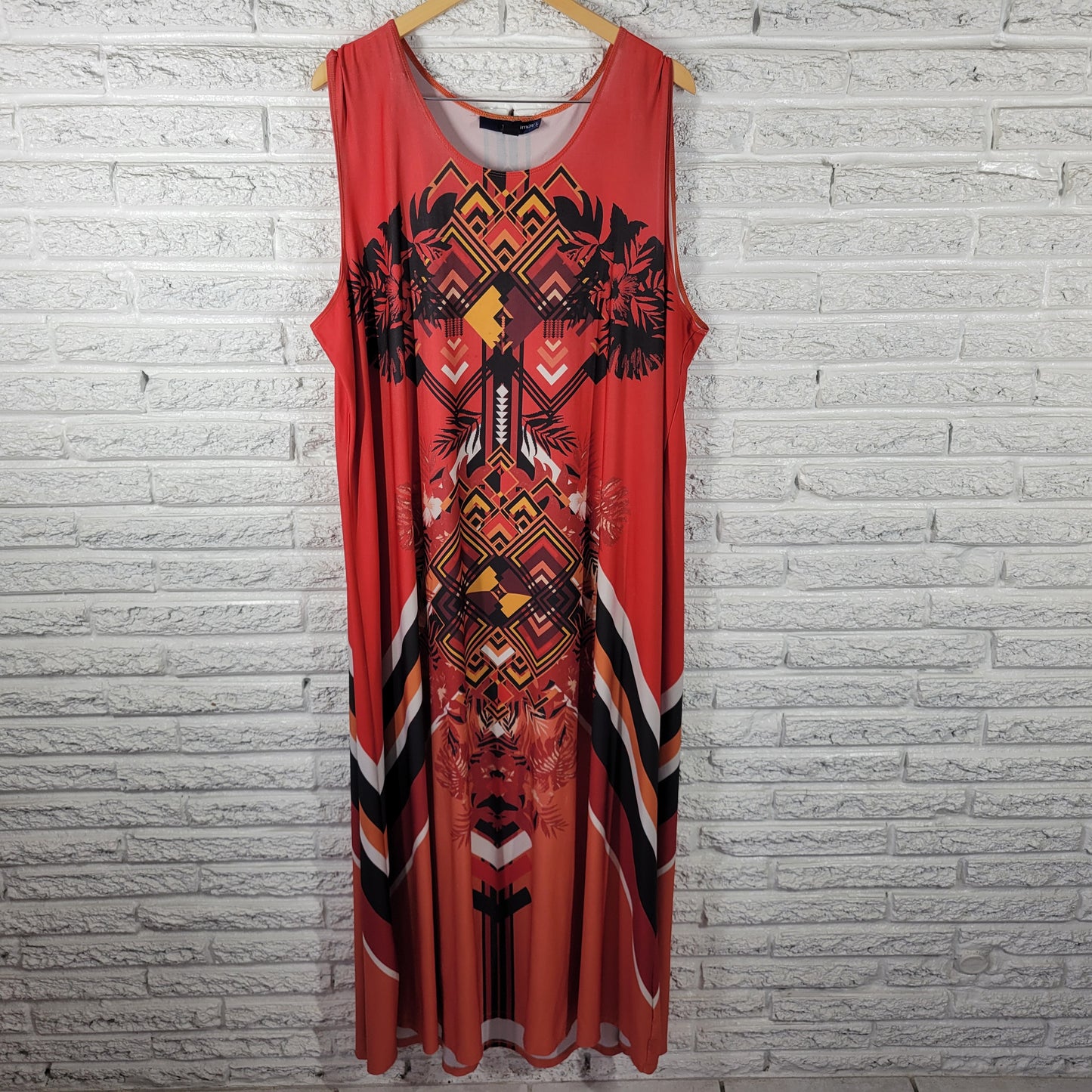 Denim 24/7 Women 1X Dress Red Orange Geometric Sleeveless Midi Stretch GEO257E