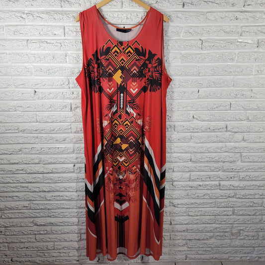 Denim 24/7 Women 1X Dress Red Orange Geometric Sleeveless Midi Stretch GEO257E
