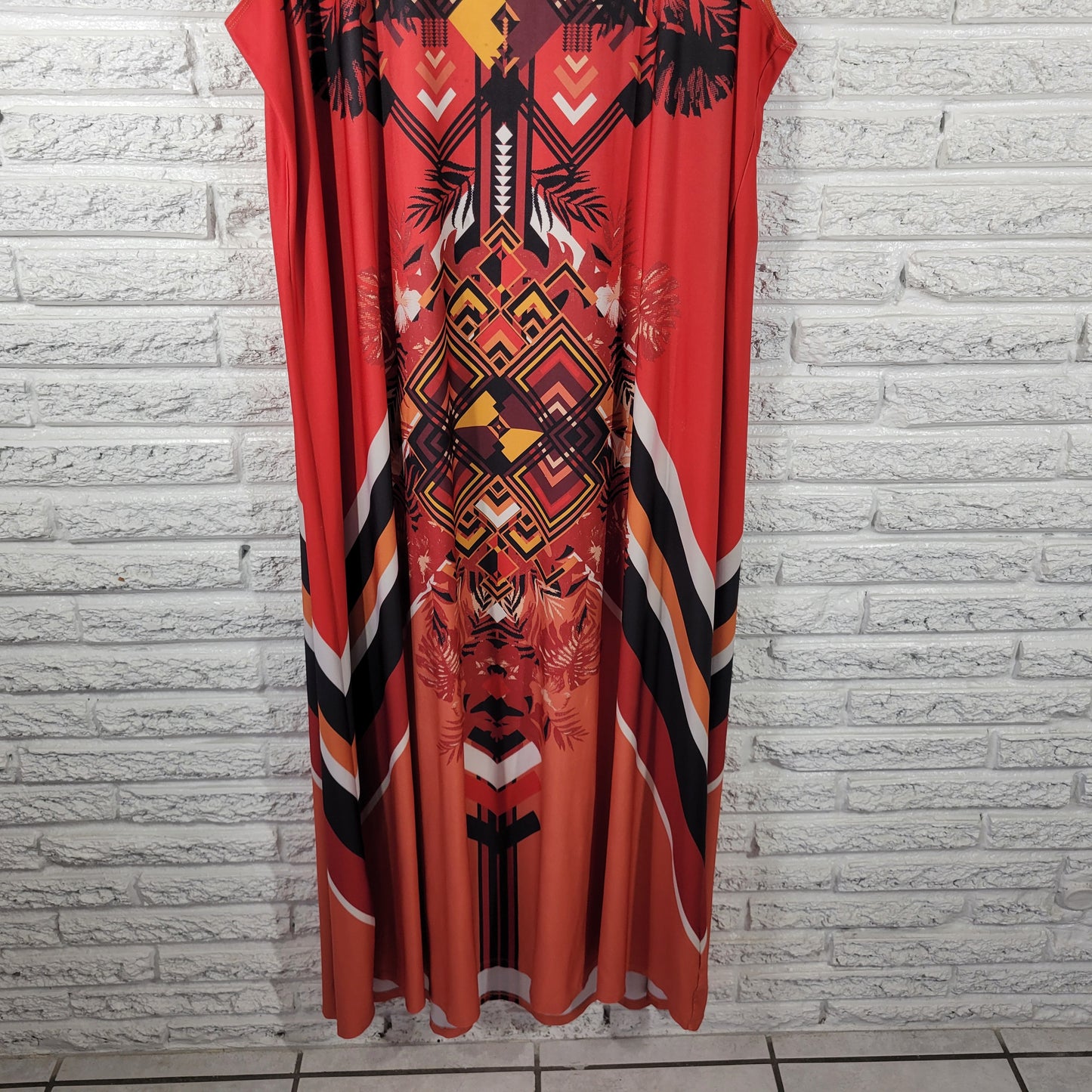 Denim 24/7 Women 1X Dress Red Orange Geometric Sleeveless Midi Stretch GEO257E