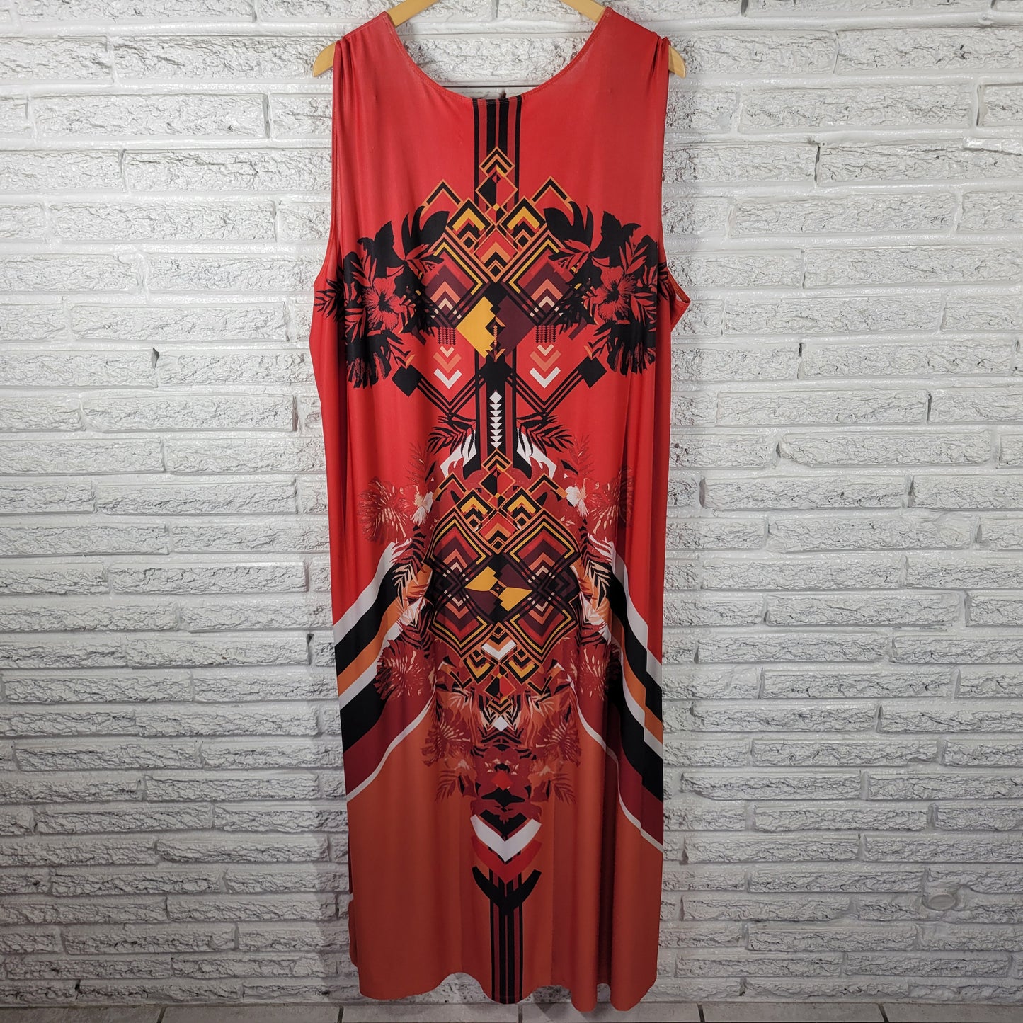 Denim 24/7 Women 1X Dress Red Orange Geometric Sleeveless Midi Stretch GEO257E