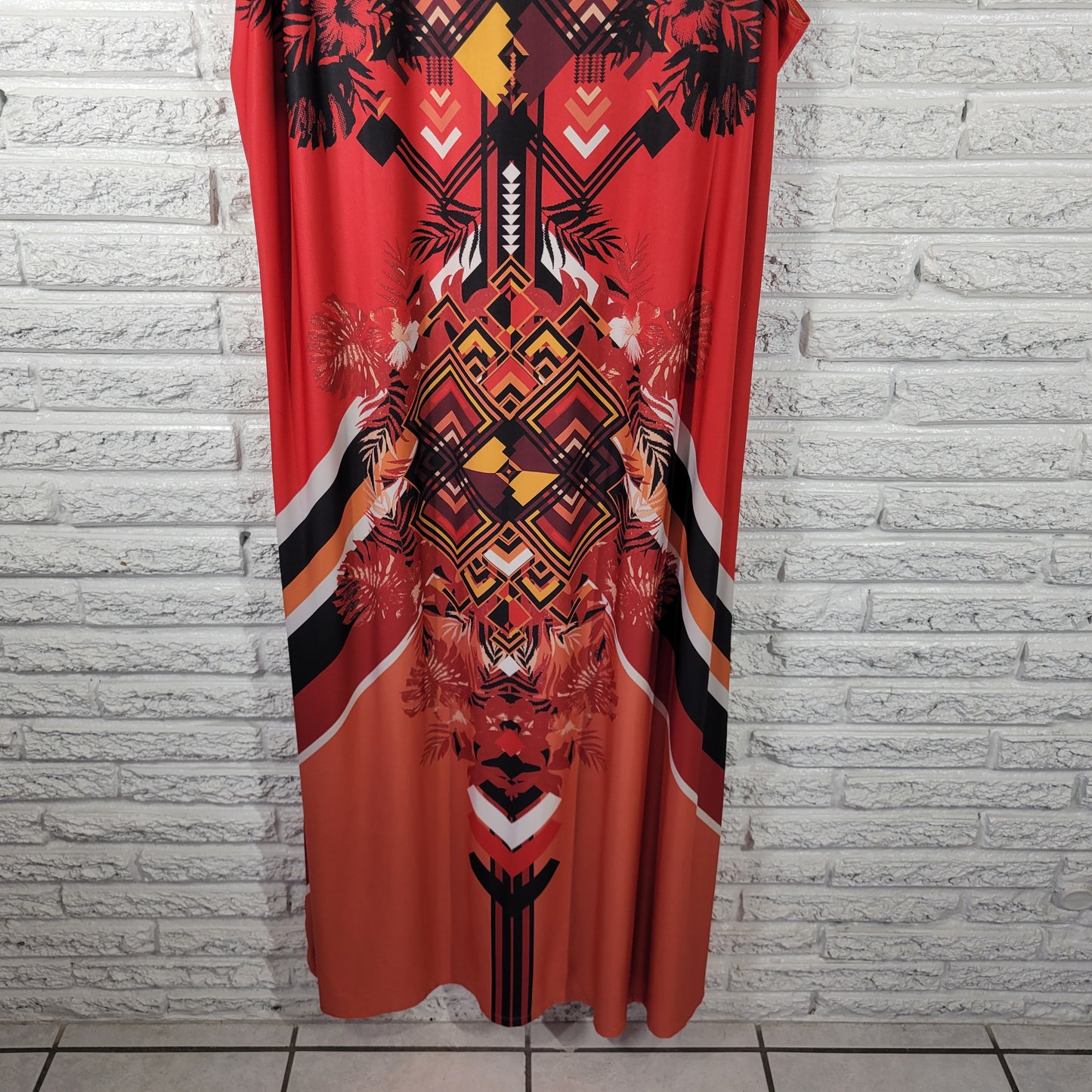 Denim 24/7 Women 1X Dress Red Orange Geometric Sleeveless Midi Stretch GEO257E