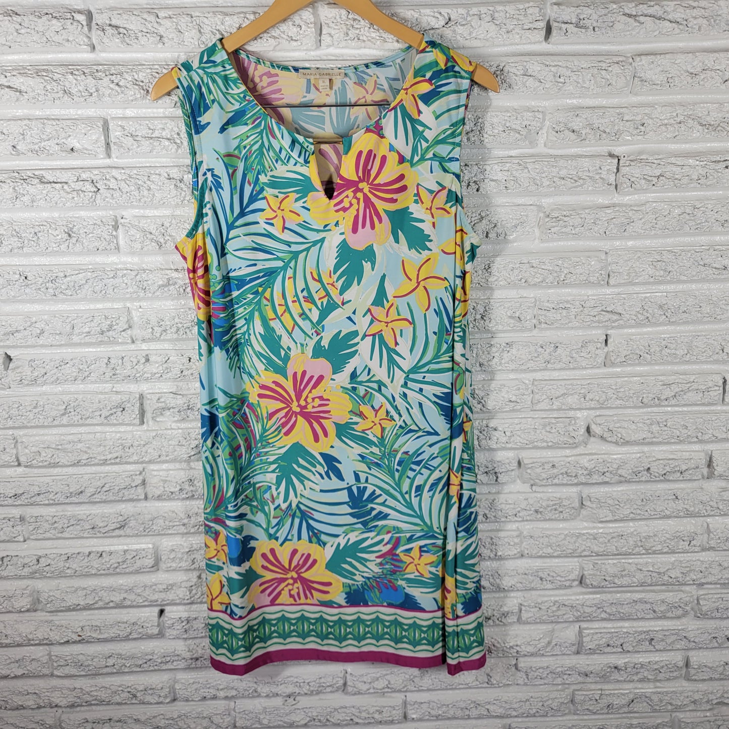 Maria Gabrielle Women XL Floral Dress Blue Yellow Stretch Mini Keyhole FLO280E