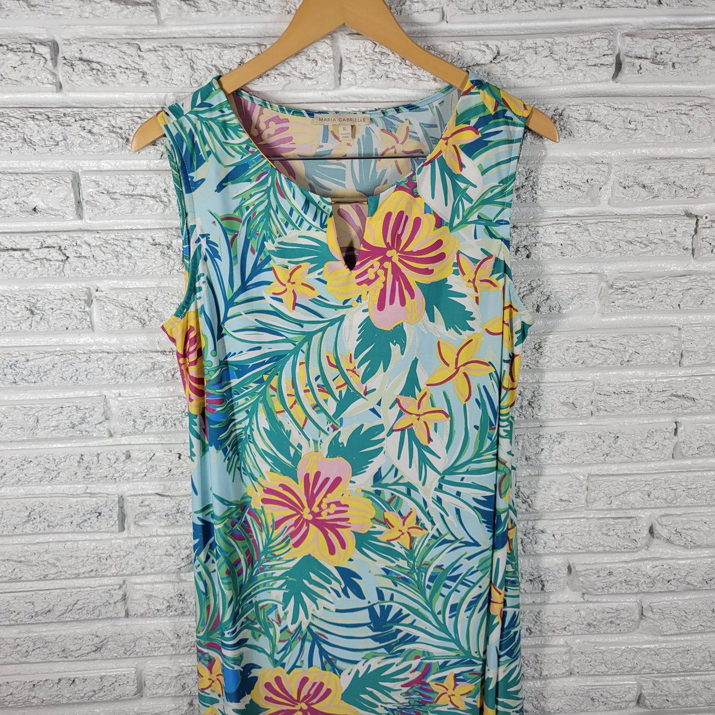 Maria Gabrielle Women XL Floral Dress Blue Yellow Stretch Mini Keyhole FLO280E