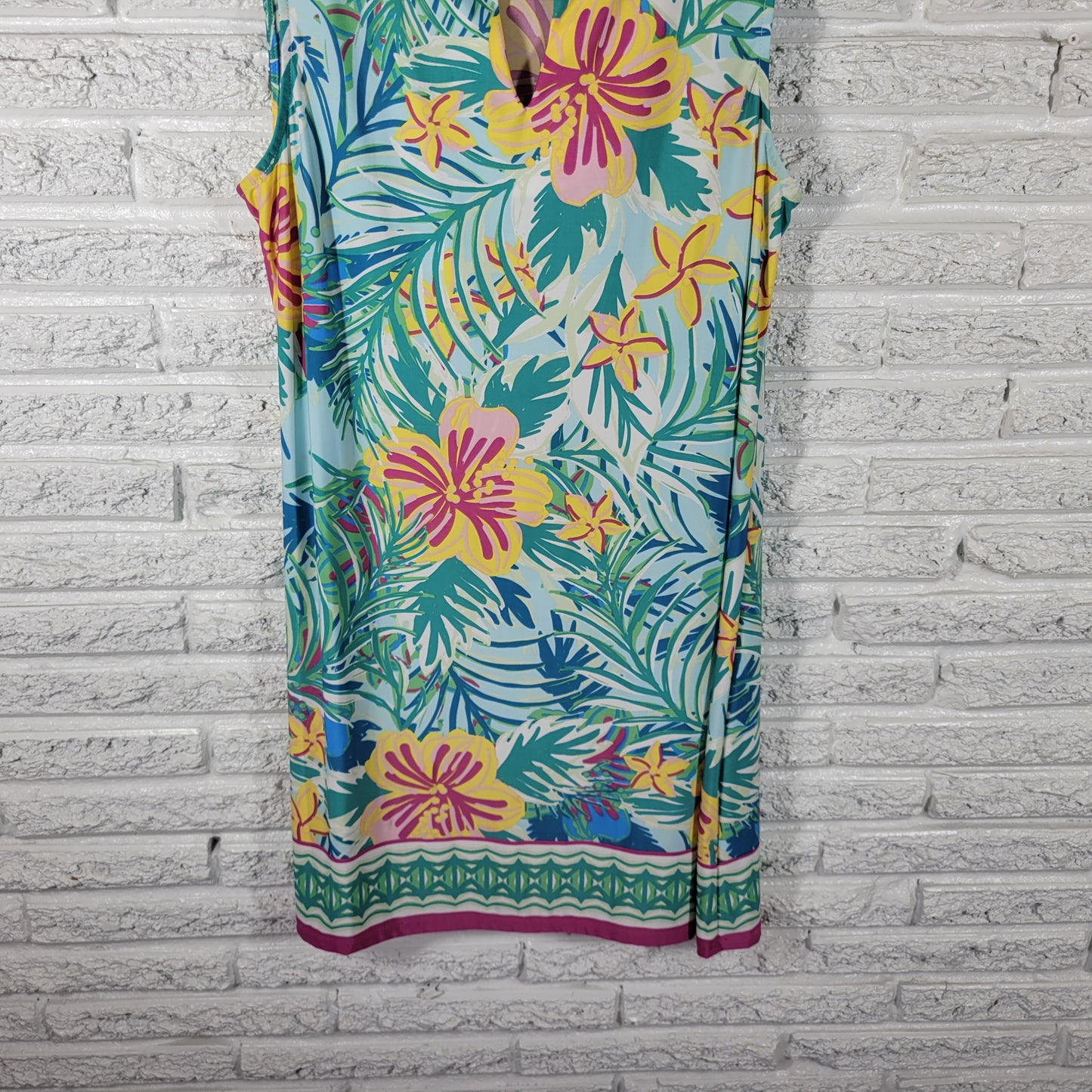 Maria Gabrielle Women XL Floral Dress Blue Yellow Stretch Mini Keyhole FLO280E