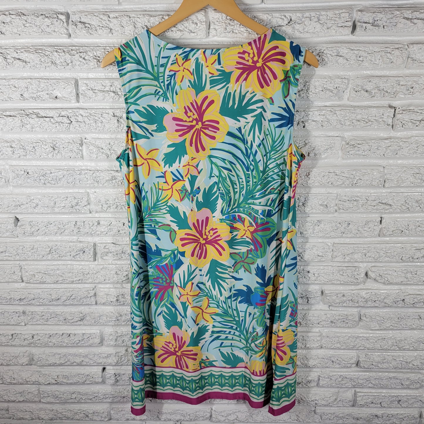 Maria Gabrielle Women XL Floral Dress Blue Yellow Stretch Mini Keyhole FLO280E