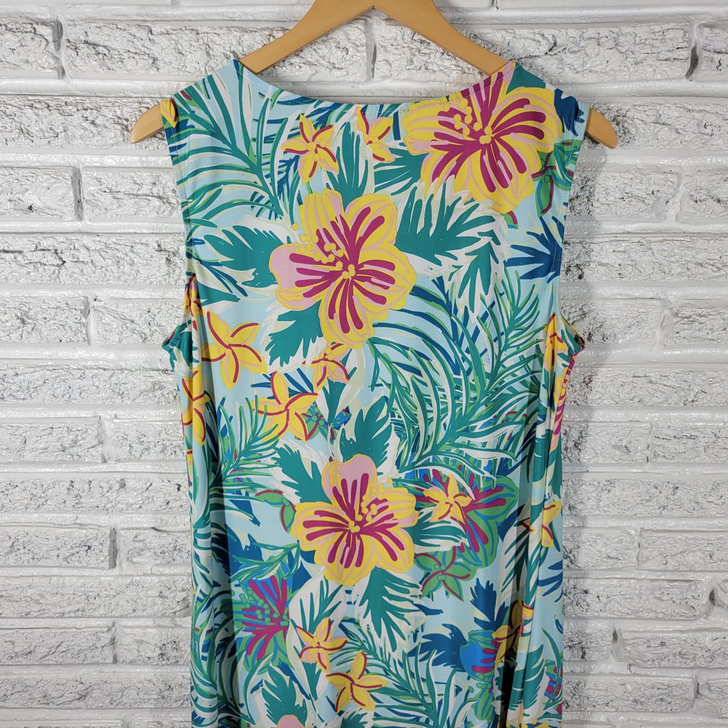 Maria Gabrielle Women XL Floral Dress Blue Yellow Stretch Mini Keyhole FLO280E