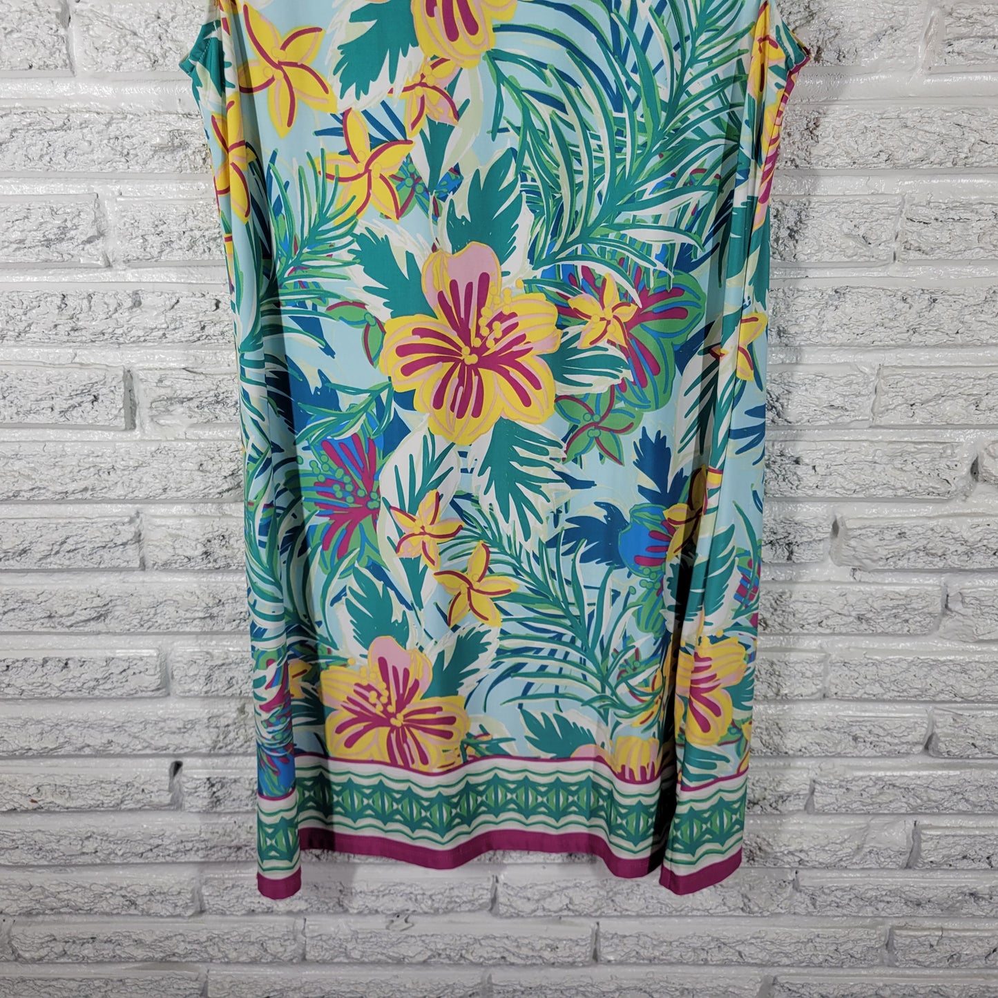 Maria Gabrielle Women XL Floral Dress Blue Yellow Stretch Mini Keyhole FLO280E