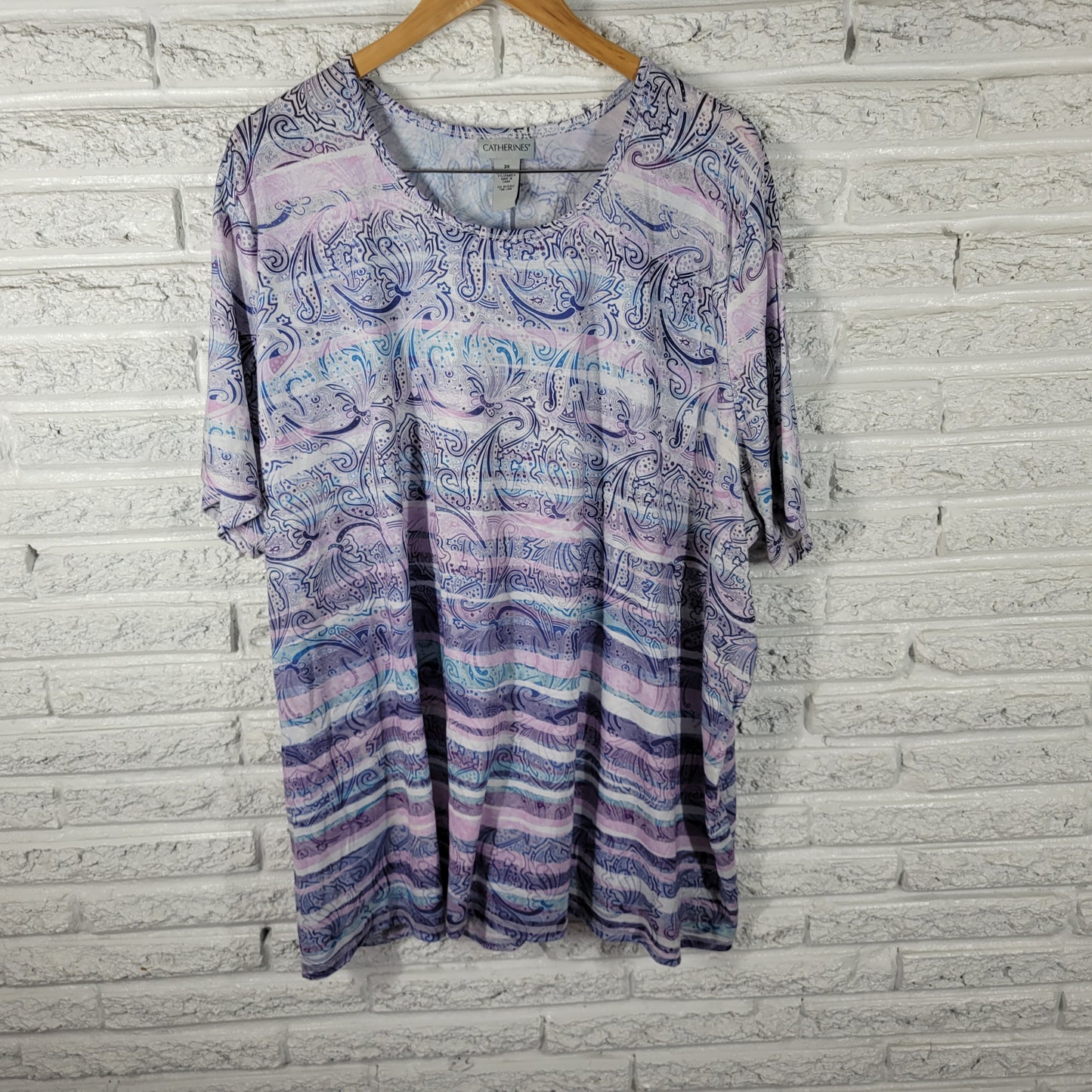 Catherines Women 3X Tunic Top Purple Blue Paisley Short Sleeve Stretch PAI54E
