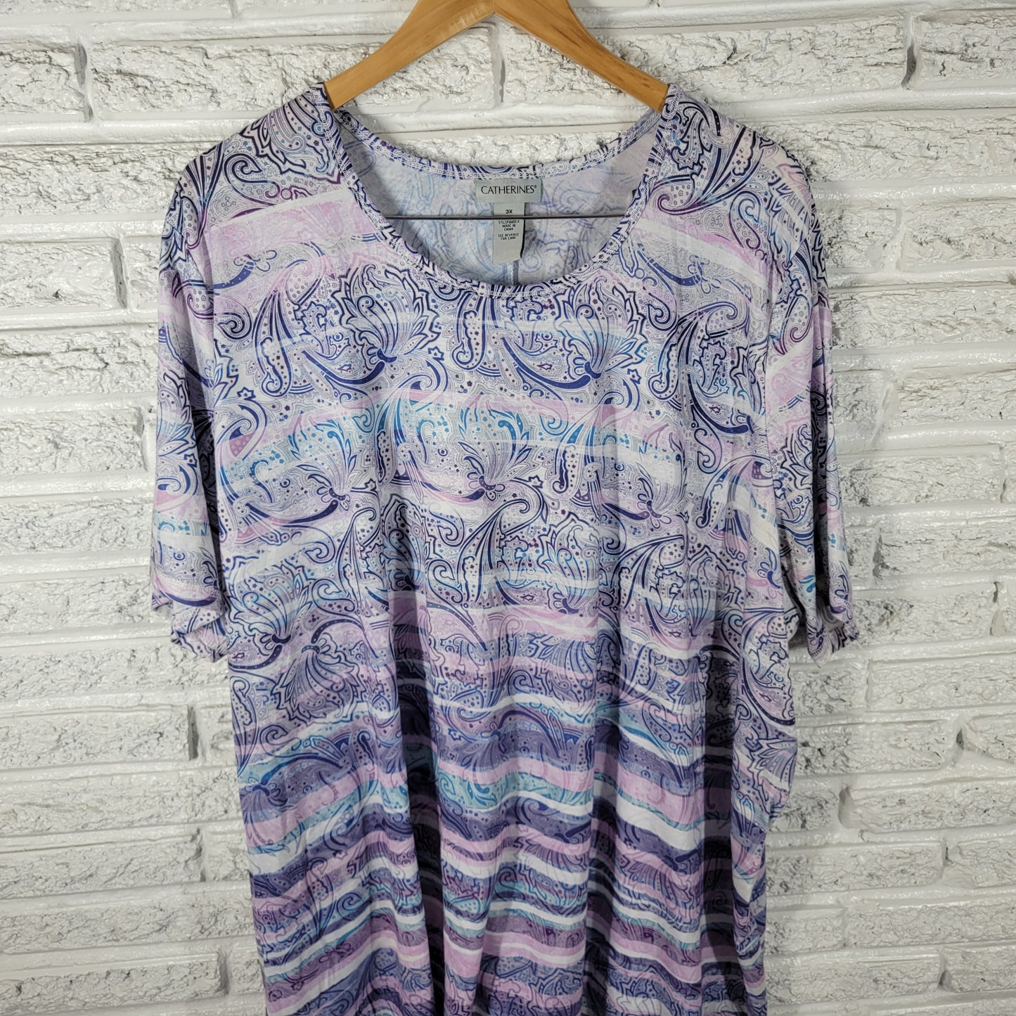 Catherines Women 3X Tunic Top Purple Blue Paisley Short Sleeve Stretch PAI54E