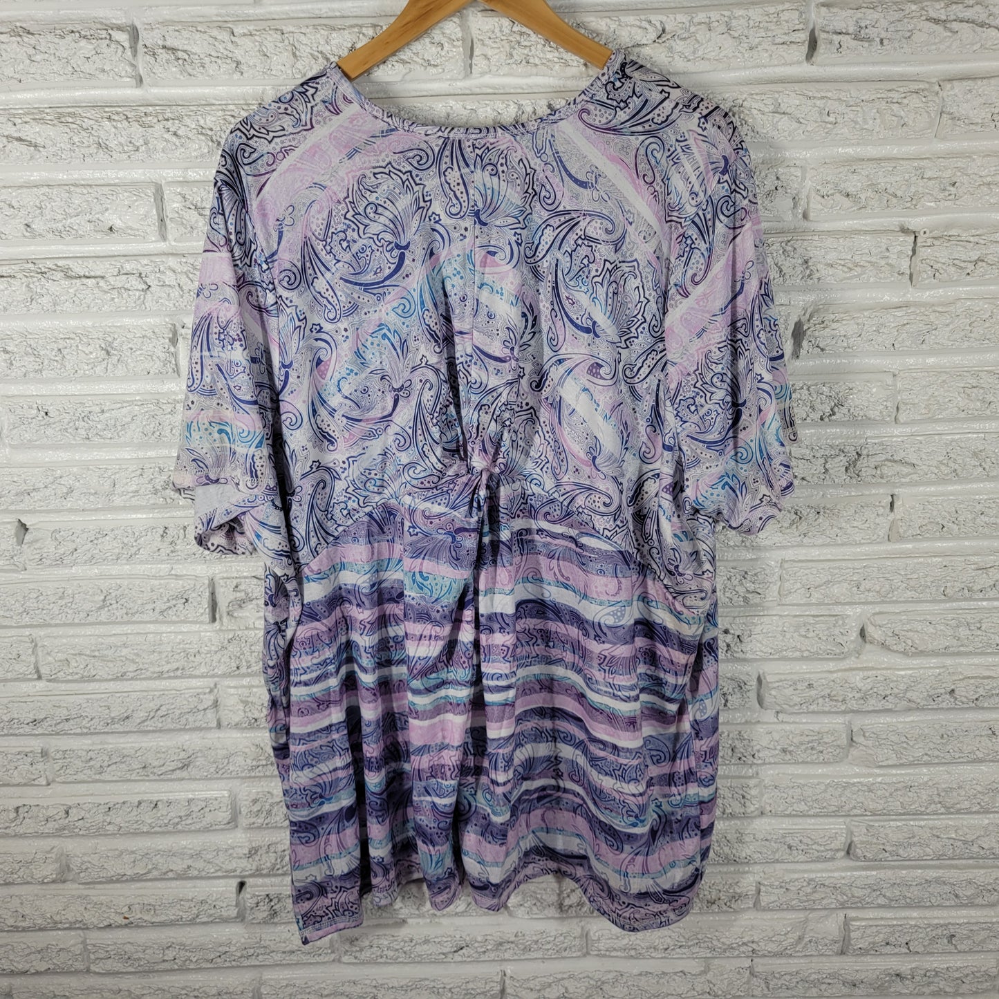 Catherines Women 3X Tunic Top Purple Blue Paisley Short Sleeve Stretch PAI54E
