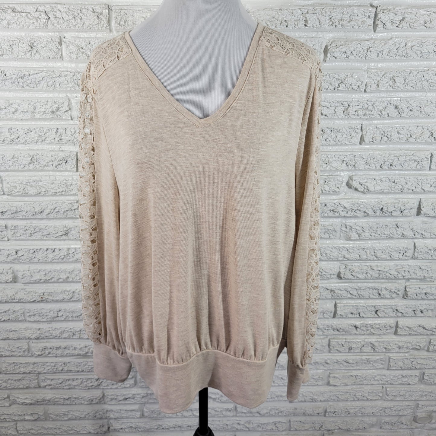 JM Collection Women XL Beige Knit Top V-Neck Crochet Long Sleeve Blouse A27E