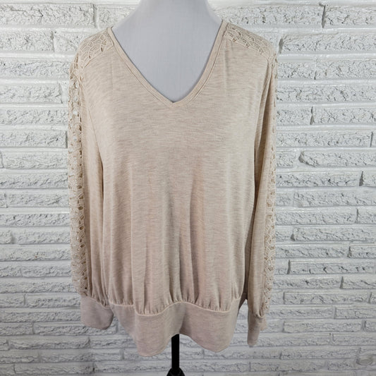 JM Collection Women XL Beige Knit Top V-Neck Crochet Long Sleeve Blouse A27E