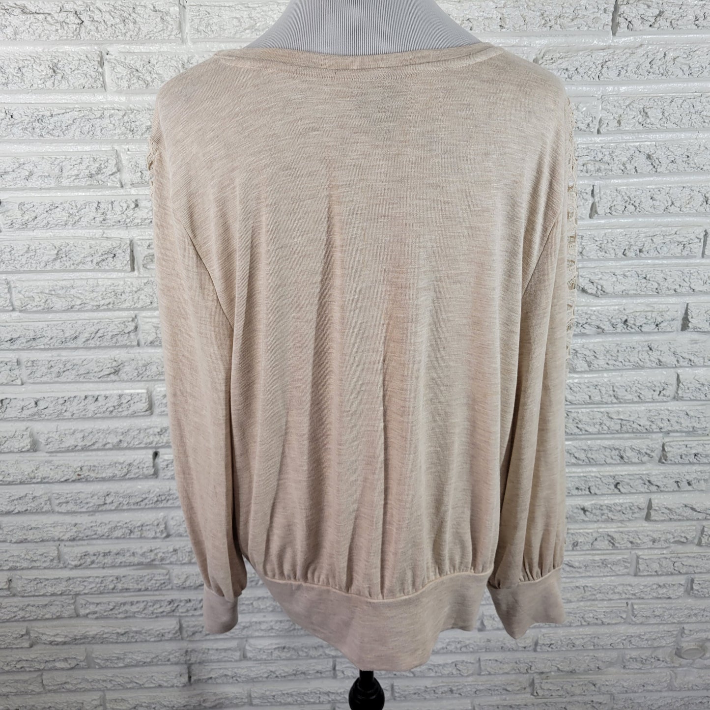 JM Collection Women XL Beige Knit Top V-Neck Crochet Long Sleeve Blouse A27E