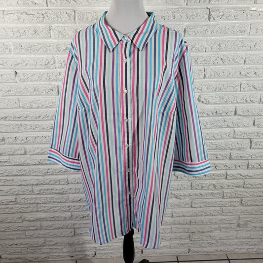 Woman Within 2X Striped Top Multicolor 3/4 Sleeve Cotton Blend Button Up STR174E