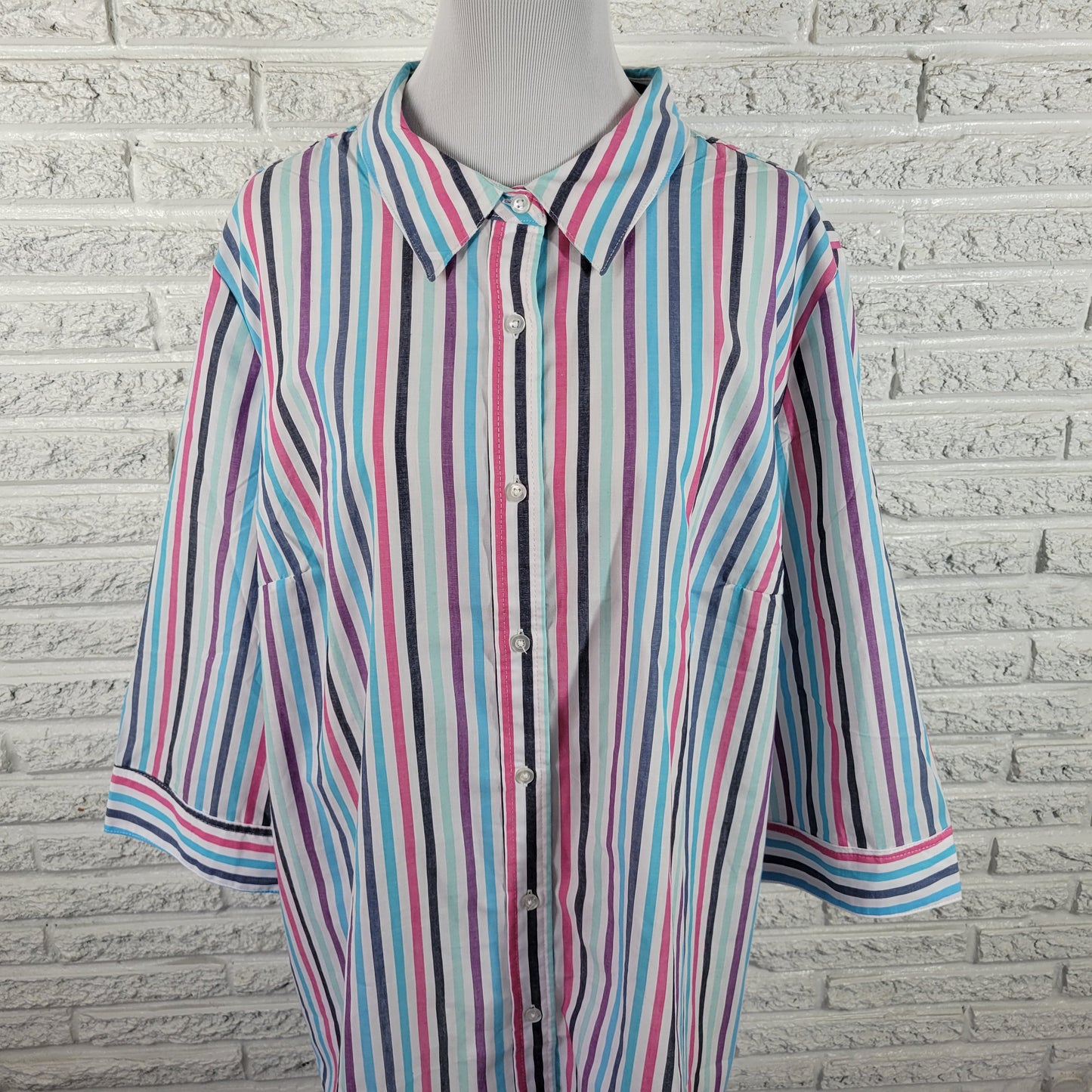 Woman Within 2X Striped Top Multicolor 3/4 Sleeve Cotton Blend Button Up STR174E