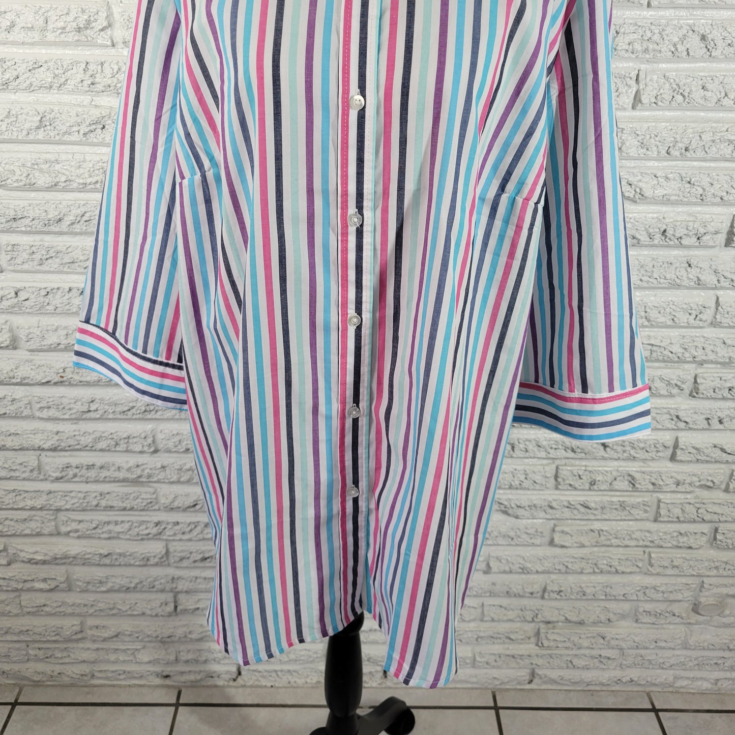 Woman Within 2X Striped Top Multicolor 3/4 Sleeve Cotton Blend Button Up STR174E