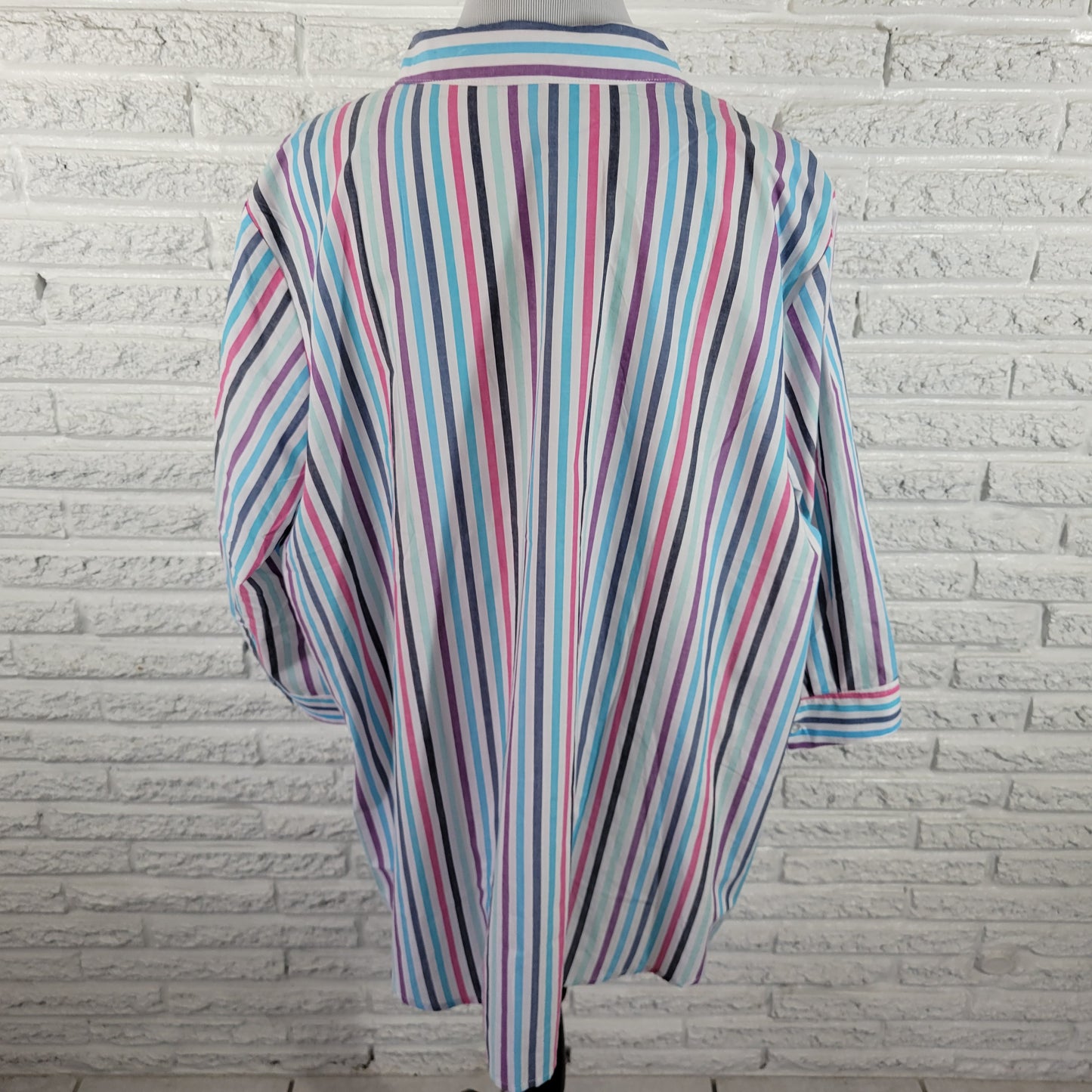 Woman Within 2X Striped Top Multicolor 3/4 Sleeve Cotton Blend Button Up STR174E