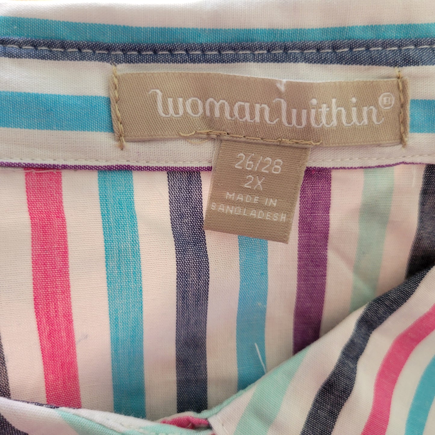 Woman Within 2X Striped Top Multicolor 3/4 Sleeve Cotton Blend Button Up STR174E