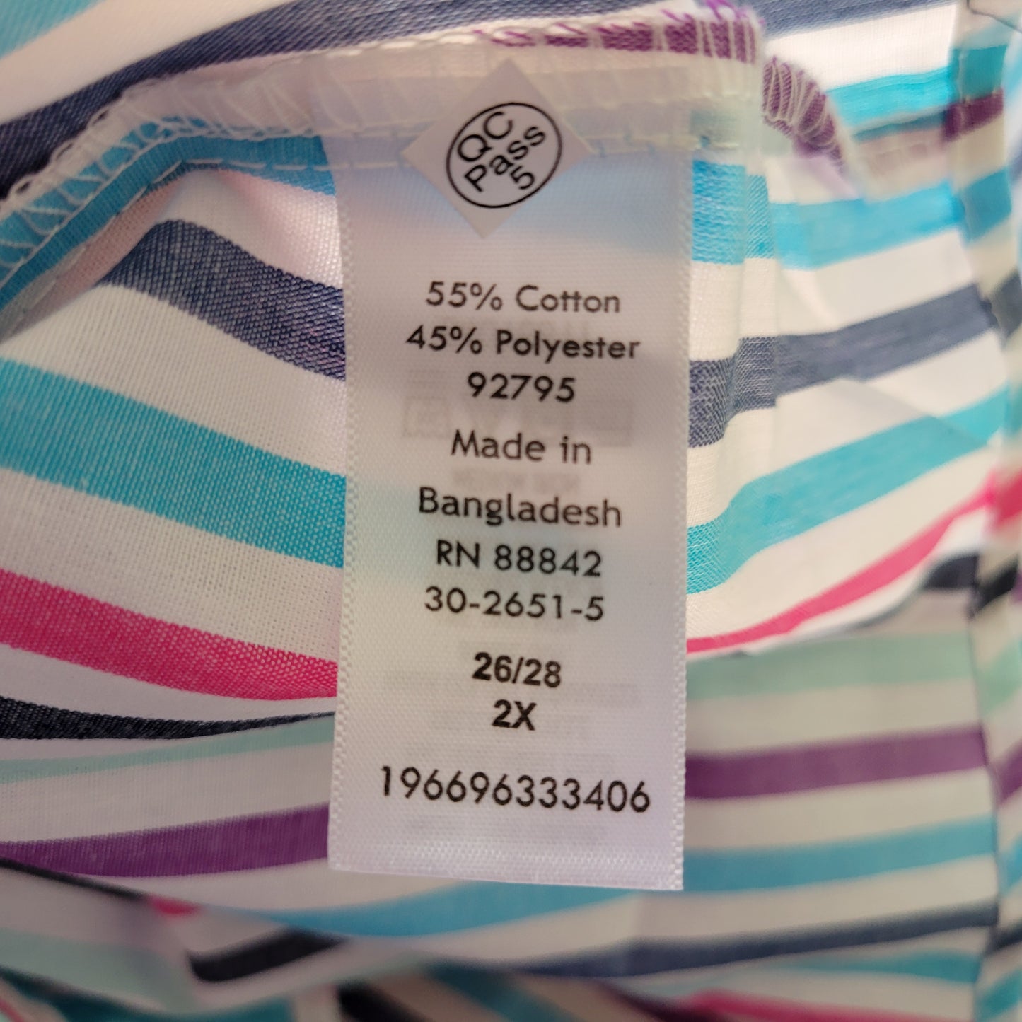 Woman Within 2X Striped Top Multicolor 3/4 Sleeve Cotton Blend Button Up STR174E