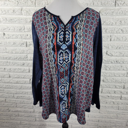 Avenue Women's 18/20 Top Blue Geometric Long Knit Sleeve V-Neck Pullover GEO284E