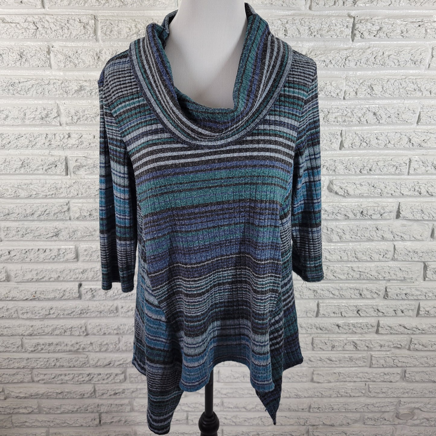 Christopher & Banks Women's XL Top Blue Striped Cowl Neck Sharkbite Hem STR175E