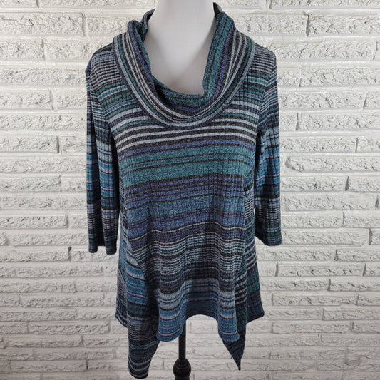 Christopher & Banks Women's XL Top Blue Striped Cowl Neck Sharkbite Hem STR175E